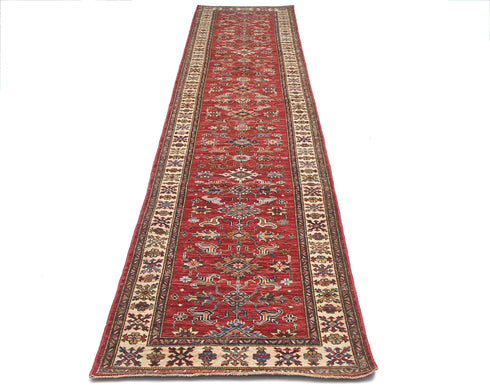 14 Feet Red Kazak Afghan Hand Knotted Wool Runner Rug